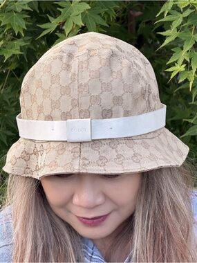 Gucci Monogram Bucket Hat with White Leather Trim